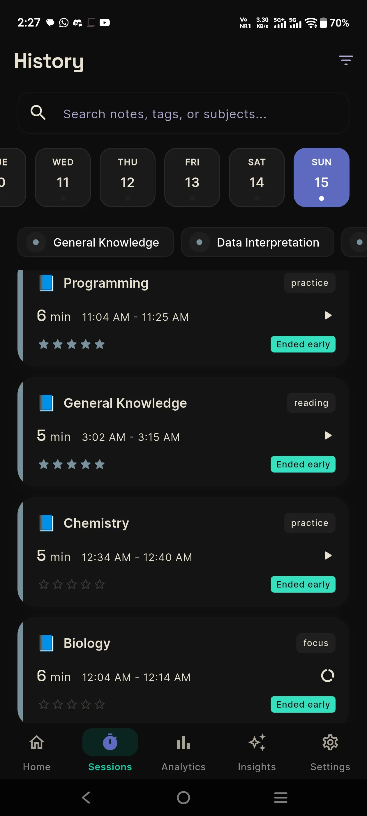 StudyTrackr sessions history