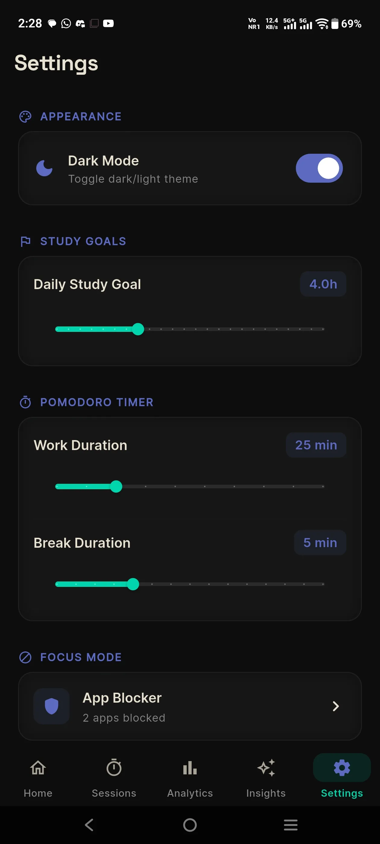 StudyTrackr settings screen